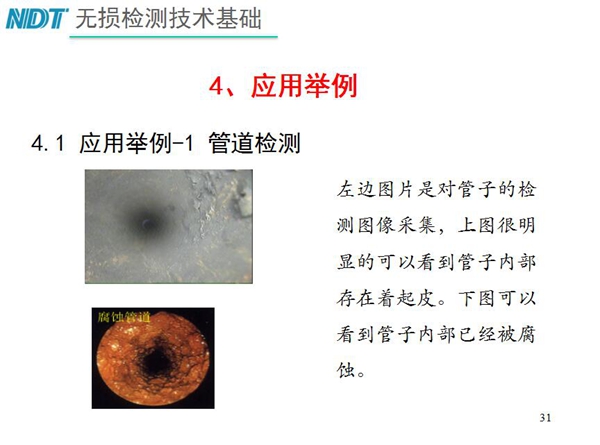 應(yīng)用舉例一1 管道檢測，從兩張檢測對比圖片可以明顯看到管子  內(nèi)部存在著起皮，另一張可以看以管子內(nèi)部己經(jīng)被腐蝕