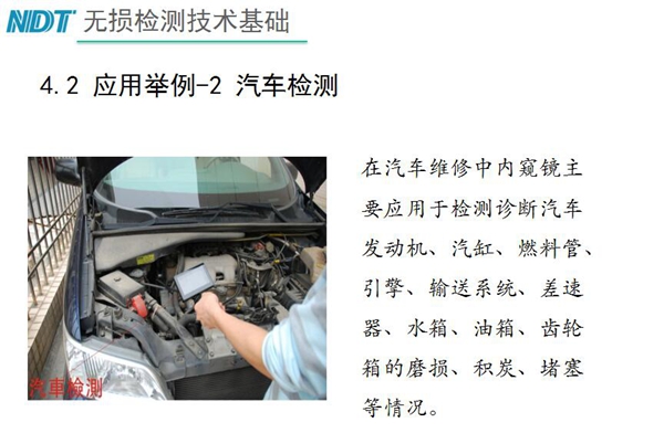 應(yīng)用舉例－2 汽車檢測，在汽車維修中內(nèi)窺鏡主要應(yīng)用于檢測診斷汽車發(fā)動機、汽缸、燃料管、引擎、水箱、油箱等磨損、積炭、堵塞等情況